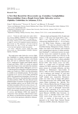 Cestoidea: Cyclophyllidea: Mesocestoididae) from a Rough Green Snake Opheodrys Aestivus (Ophidia: Colubridae) in Arkansas, U.S.A