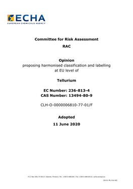 Committee for Risk Assessment RAC Opinion Proposing Harmonised