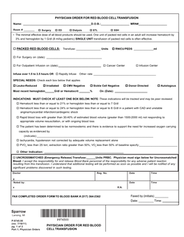 Physician Order for Red Blood Cell Transfusion