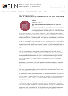 TLG Statement Senior UK Parliamentarians Urge Nuclear Disarmament Must Remain Priority in 2012 Fri, 11 May 2012