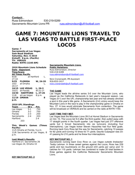 11-6-2010 Mountain Lions @ Las Vegas Locos Game Notes