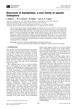 Discovery of Aspidytidae, a New Family of Aquatic Coleoptera I