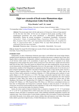 Eight New Records of Fresh Water Filamentous Algae (Oedogonium Link) from India Priya Jitendra* and V