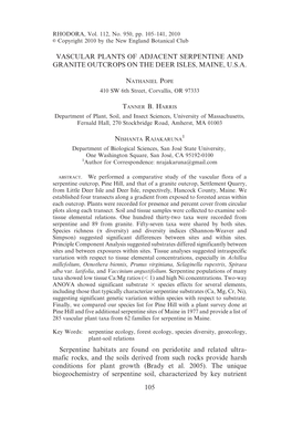 Vascular Plants of Adjacent Serpentine and Granite Outcrops on the Deer Isles, Maine, U.S.A