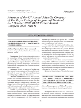 Abstracts of the 45Th Annual Scientific Congress of the Royal College of Surgeons of Thailand, 8-11 October 2020, RCST Virtual Annual Congress 2020 (Part I)