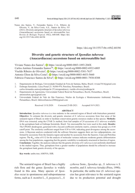 Diversity and Genetic Structure of Spondias Tuberosa (Anacardiaceae) Accessions Based on Microsatellite Loci