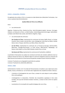 1 STATUTS Du Syndicat Mixte De L'orne Et Ses Affluents Article 1