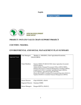 Potato Value Chain Support Project Country: Nigeria Environmental And