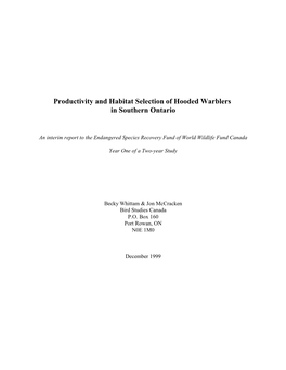 Productivity and Habitat Selection of Hooded Warblers in Southern Ontario