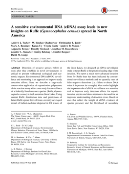 A Sensitive Environmental DNA (Edna) Assay Leads to New Insights on Ruffe (Gymnocephalus Cernua) Spread in North America