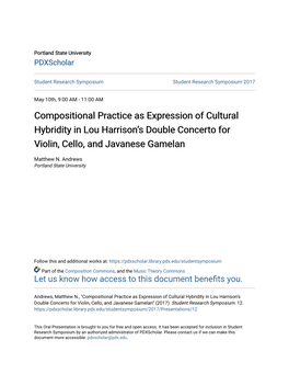 Compositional Practice As Expression of Cultural Hybridity in Lou Harrison’S Double Concerto for Violin, Cello, and Javanese Gamelan