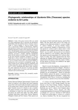 Phylogenetic Relationships of Gordonia Ellis (Theaceae) Species Endemic to Sri Lanka