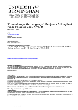 'Formed on Ye Gr. Language': Benjamin Stillingfleet Reads Paradise Lost, 1745-46 Adlington, Hugh