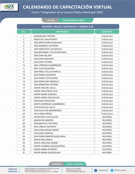 CALENDARIO DE CAPACITACIÓN VIRTUAL Curso: "Integración De La Cuenta Pública Municipal 2020"