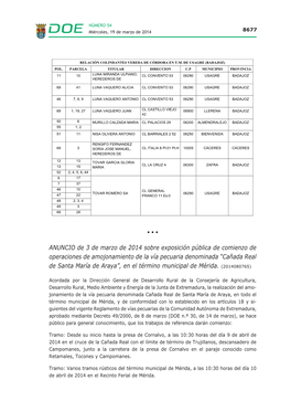 ANUNCIO De 3 De Marzo De 2014 Sobre Exposición Pública De Comienzo De Operaciones De Amojonamiento De La Vía Pecuaria Denomin