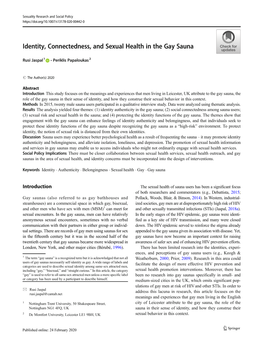 Identity, Connectedness, and Sexual Health in the Gay Sauna