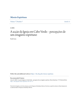 A Acção Da Igreja Em Cabo Verde: - Percepções De Um Estagiário Espiritano Raúl Lima