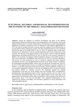 Functional, Sectoral and Regional Transformation of the Economy of the Miskolc Agglomeration Revisited