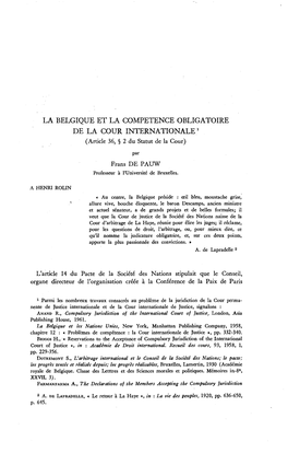La Belgique Et La Compétence Obligatoire De La Cour Internationale