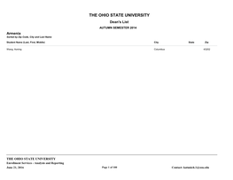 THE OHIO STATE UNIVERSITY Dean's List AUTUMN SEMESTER 2014 Armenia Sorted by Zip Code, City and Last Name