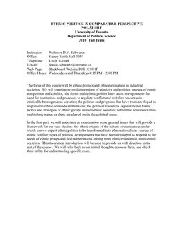 ETHNIC POLITICS in COMPARATIVE PERSPECTIVE POL 321H1F University of Toronto Department of Political Science 2010 Fall Term