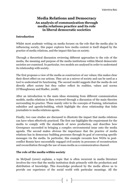 Media Relations and Democracy an Analysis of Communication Through Media Relations Practice and Its Role in Liberal Democratic Societies