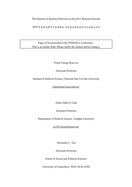 The Patterns of Partisan Defection in the 2011 Mayoral Election Paper To