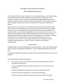 Huntingdon Valley Activities Association 2017-‐2018 Basketball Season