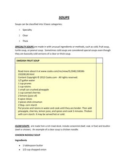 Soups Can Be Classified Into 3 Basic Categories; 1 Specialty 2 Clear 3