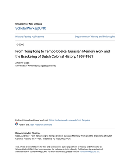 From Tong-Tong to Tempo Doeloe: Eurasian Memory Work and the Bracketing of Dutch Colonial History, 1957-1961