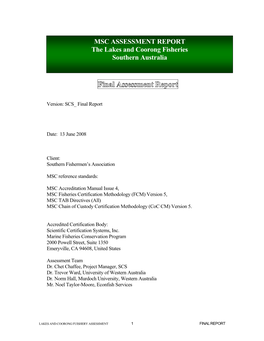 MSC ASSESSMENT REPORT the Lakes and Coorong Fisheries