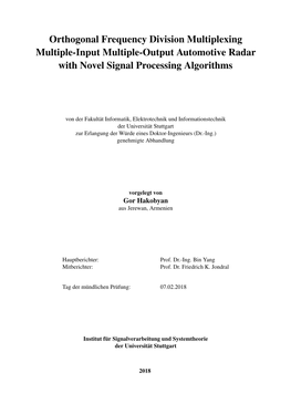 Orthogonal Frequency Division Multiplexing Multiple-Input Multiple-Output Automotive Radar with Novel Signal Processing Algorithms