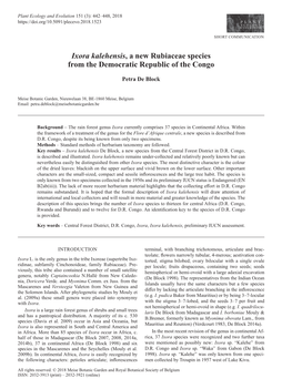 Ixora Kalehensis, a New Rubiaceae Species from the Democratic Republic of the Congo