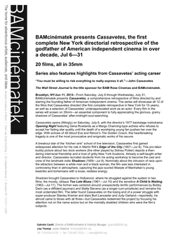 Bamcinématek Presents Cassavetes, the First Complete New York Directorial Retrospective of the Godfather of American Independent Cinema in Over a Decade, Jul 6—31