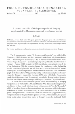 Folia Entomologica Hungarica 64. (Budapest, 2003)