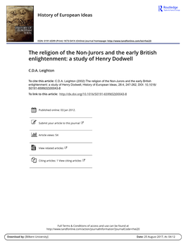 The Religion of the Non-Jurors and the Early British Enlightenment: a Study of Henry Dodwell