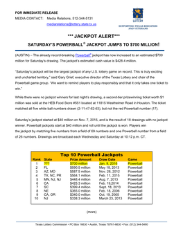 Jackpot Alert*** Saturday’S Powerball® Jackpot Jumps to $700 Million!