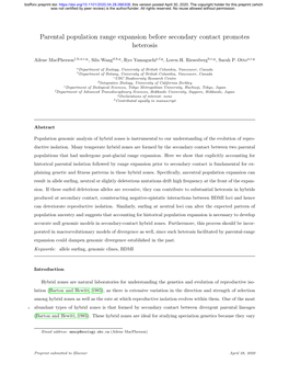 Parental Population Range Expansion Before Secondary Contact Promotes Heterosis