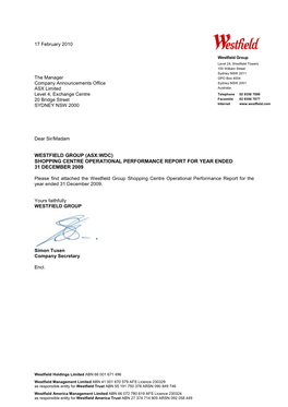 Westfield Group (Asx:Wdc) Shopping Centre Operational Performance Report for Year Ended 31 December 2009