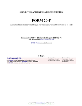 ELBIT IMAGING LTD Form 20-F Filed 2016-04-21