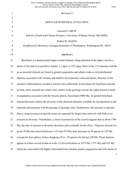 1 Revision 2 1 2 BERYLLIUM MINERAL EVOLUTION 3 4 Edward