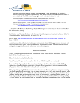 Article Title: Problems in the History of Czech Immigration to America in the Second Half of the Nineteenth Century