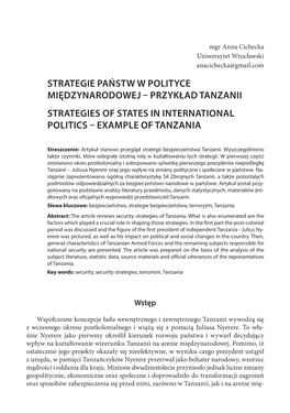 Strategie Państw W Polityce Międzynarodowej – Przykład Tanzanii Strategies of States in International Politics – Example of Tanzania