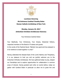 Luncheon Honoring His Eminence Cardinal Timothy Dolan Roman Catholic Archbishop of New York