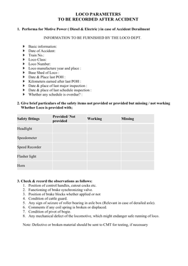 Loco Parameters to Be Recorded After Accident