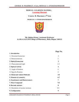 B. PHARMACY, 4 Sem, MODULE-1: STEREOISOMERISM