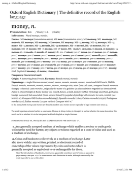 Money, N. : Oxford English Dictionary
