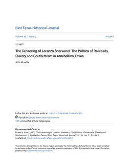 The Censoring of Lorenzo Sherwood: the Politics of Railroads, Slavery and Southernism in Antebellum Texas