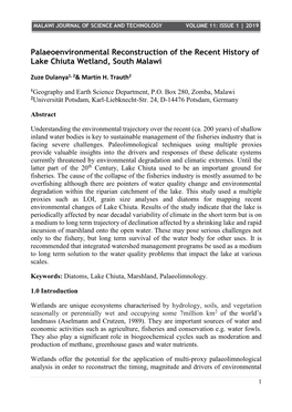 Palaeoenvironmental Reconstruction of the Recent History of Lake Chiuta Wetland, South Malawi