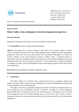 Belìce Valley: from Earthquake to Local Development Perspectives